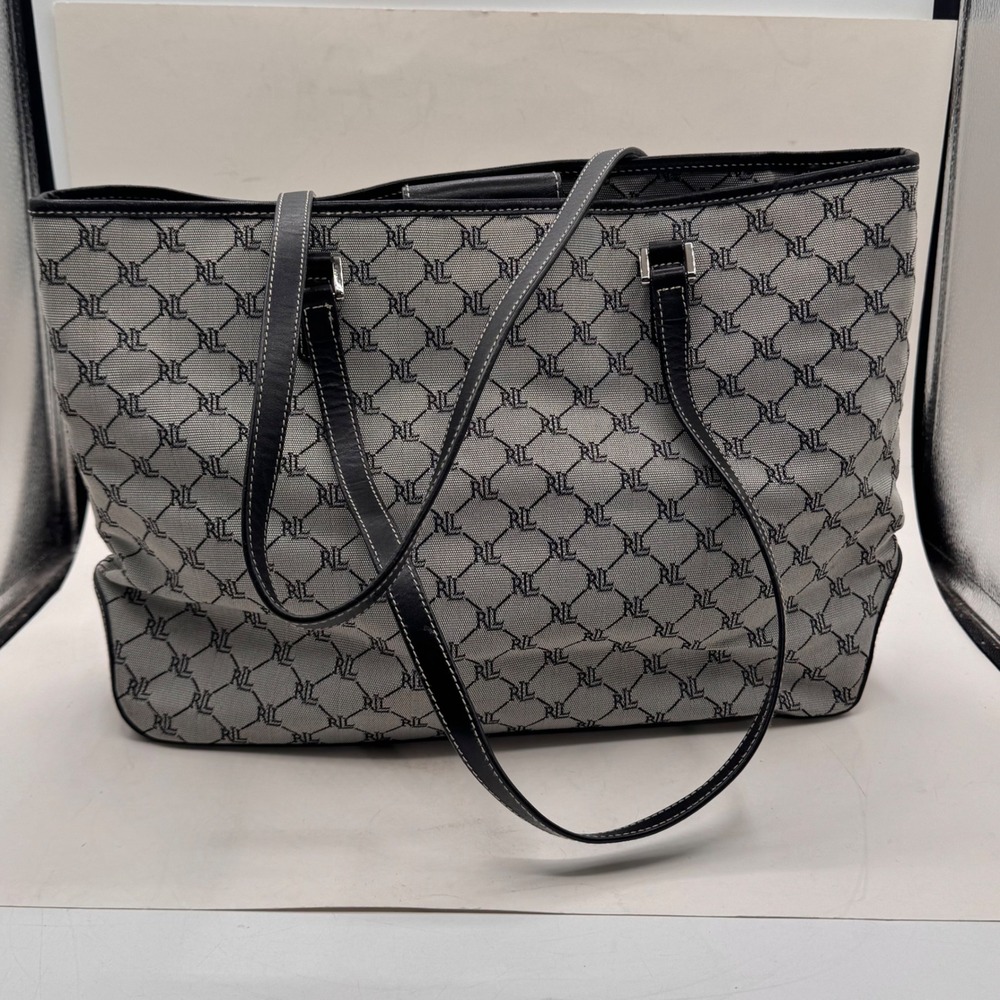 Lauren Ralph Lauren Monogram Jacquard Tote Bag Black Grey Silver Hardware